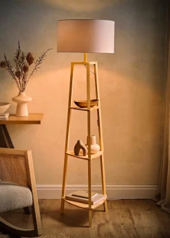 ValueLights Hiru Natural Wood 3 Tier Shelf Floor Lamp (25cm x 47cm x 47.5cm)