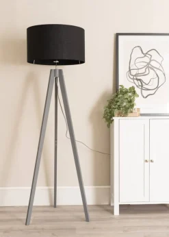 ValueLights Jackson Painted Grey Floor Lamp with Large Drum Shade