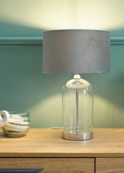 ValueLights Jessy Glass Table Lamp Grey Velvet Shade (41cm x 25cm)
