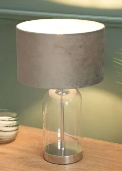 ValueLights Jessy Glass Table Lamp Grey Velvet Shade (41cm x 25cm)