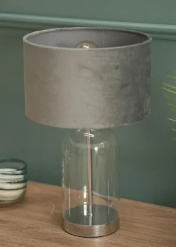 ValueLights Jessy Glass Table Lamp Grey Velvet Shade (41cm x 25cm)