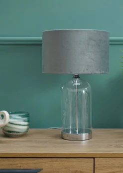 ValueLights Jessy Glass Table Lamp Grey Velvet Shade (41cm x 25cm)