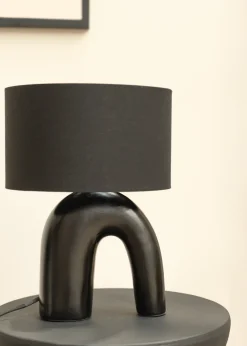 ValueLights Lia Black Fabric Drum Lamp Shade Black Arch Abstract Ceramic Table Lamp