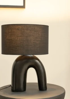 ValueLights Lia Black Fabric Drum Lamp Shade Black Arch Abstract Ceramic Table Lamp