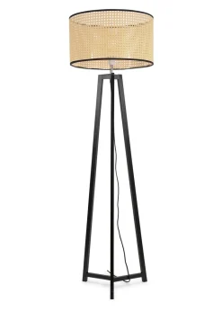 ValueLights Lottie Painted Black Floor Lamp with Large Cane Drum Trim Shade