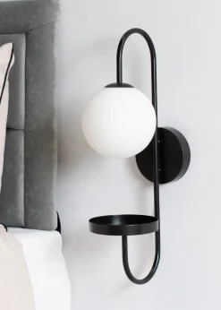 ValueLights Milo Frosted Glass Globe Shade Curved Wall Light with Shelf