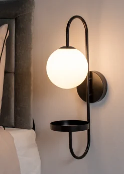 ValueLights Milo Frosted Glass Globe Shade Curved Wall Light with Shelf