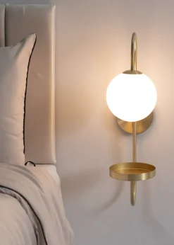 ValueLights Milo Frosted Glass Globe Shade Curved Wall Light with Shelf