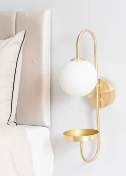 ValueLights Milo Frosted Glass Globe Shade Curved Wall Light with Shelf