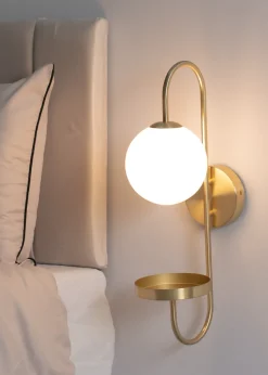 ValueLights Milo Frosted Glass Globe Shade Curved Wall Light with Shelf