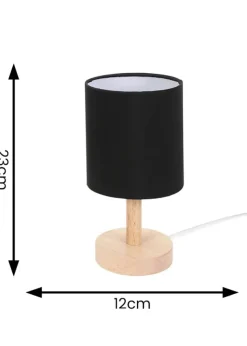 ValueLights Pair of Oak Natural Table Lamp with Black Drum Shade