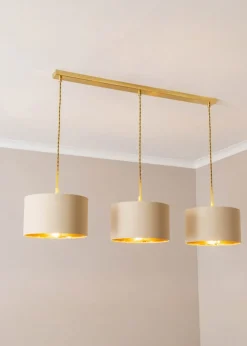 ValueLights Reni Natural & Gold Drum Shade 3 Drop Bar Diner Ceiling Light