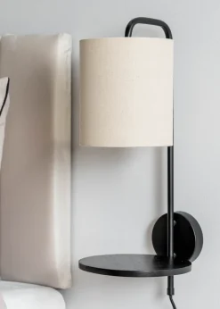 ValueLights Ryan Natural Linen Lamp Shade Metal Wall with Black Wood Shelf