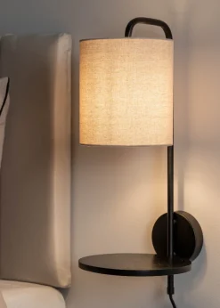 ValueLights Ryan Natural Linen Lamp Shade Metal Wall with Black Wood Shelf