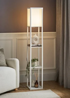 ValueLights Struttura White Wooden Shelves Floor Lamp (159cm x 26cm x 26cm)