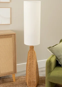 ValueLights Una White Tall Lamp Shade Rattan Midi Floor Lamp