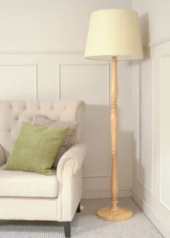 ValueLights Victoria Oak Effect Natural Floor Lamp with Large Tapered Shade