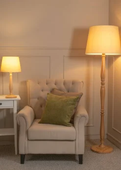 ValueLights Victoria Oak Effect Natural Floor Lamp with Large Tapered Shade