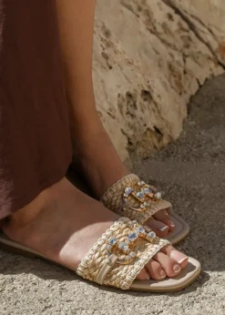 Where's That From Align Jewel Detail Flat Sandals Beige Raffia