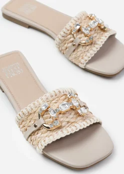 Where's That From Align Jewel Detail Flat Sandals Beige Raffia
