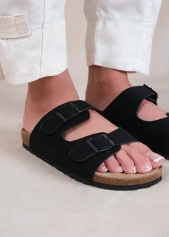 Where's That From Black Nubuck Willow Flat Sandals