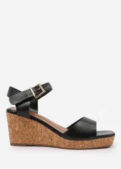 Where's That From Black PU Giselle Wedge Sandals With Buckle-Ankle-Strap