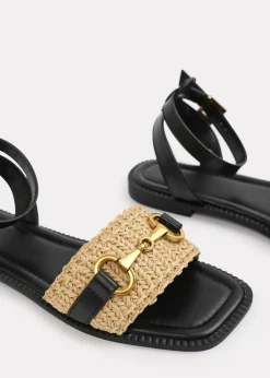 Where's That From Black PU Catelyn Straw Detail Strap Sandals