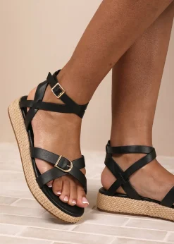 Where's That From Black PU Alora Cross-Over Buckle Strap Sandals