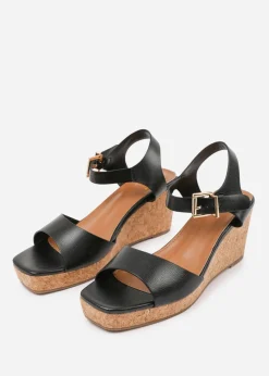 Where's That From Black PU Giselle Wide-Fit Wedge Sandals With Buckle-Ankle-Strap