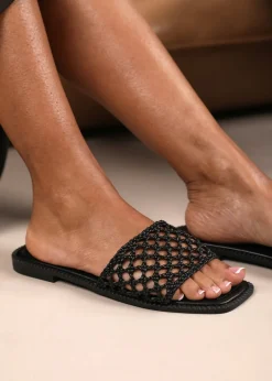 Where's That From Black PU Chelsea Woven Strap Flat Sandals