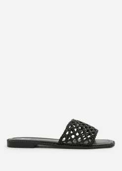 Where's That From Black PU Chelsea Woven Strap Flat Sandals