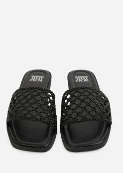Where's That From Black PU Chelsea Woven Strap Flat Sandals