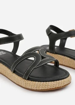 Where's That From Black PU Sofia Wide Fit Flatform Sandal