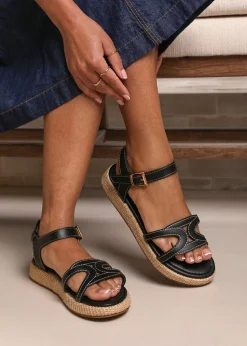 Where's That From Black PU Sofia Wide Fit Flatform Sandal