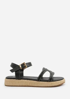 Where's That From Black PU Sofia Wide Fit Flatform Sandal