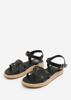 Where's That From Black PU Sofia Wide Fit Flatform Sandal