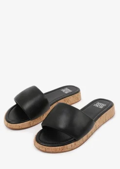 Where's That From Black PU Julia Wide-Fit Flatform Sliders Sandal