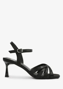 Where's That From Black Satin Torigh wide-fit Cross-Over Multi-Strap-Adjustable Buckle Heel