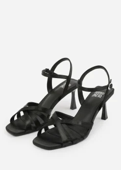 Where's That From Black Satin Torigh wide-fit Cross-Over Multi-Strap-Adjustable Buckle Heel
