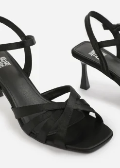 Where's That From Black Satin Torigh wide-fit Cross-Over Multi-Strap-Adjustable Buckle Heel