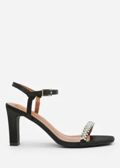 Where's That From Black Satin Nala Wide-Fit Strappy Block Heel