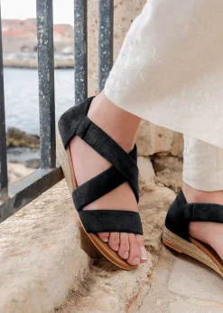 Where's That From Black Suede Hummingbird Wide-Fit Low Wedges