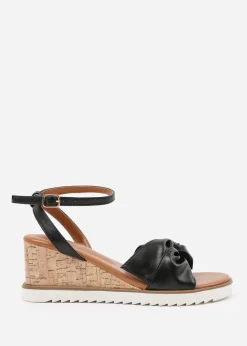 Where's That From Black-PU Katara Wide-Fit Knot Detail Wedge Shoes