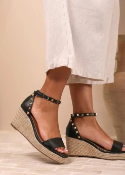 Where's That From BlackPU Presley Wedge Sandals With Gladiator Ankle-Strap