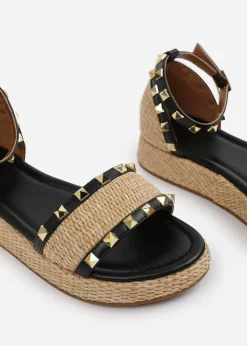 Where's That From Black-PU Aviva Wide-Fit Studded Gladiator Espadrille Flatform