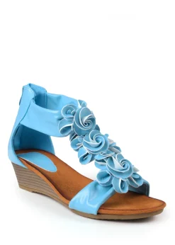 Where's That From Blue Pu Abilene Low Wedge Heel Sandals