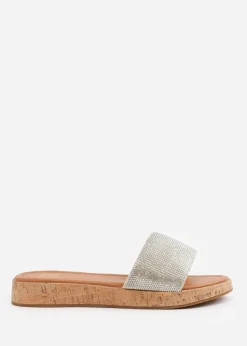 Where's That From Clear Diamante Cream Ember Wide-Fit Flatform Sliders