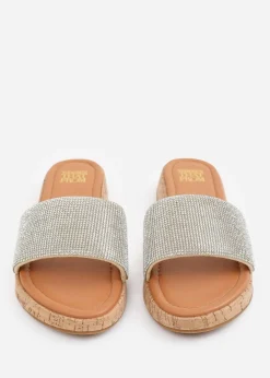 Where's That From Clear Diamante Cream Ember Wide-Fit Flatform Sliders