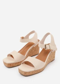 Where's That From Cream PU Giselle Wedge Sandals With Buckle-Ankle-Strap