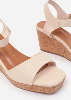 Where's That From Cream PU Giselle Wedge Sandals With Buckle-Ankle-Strap